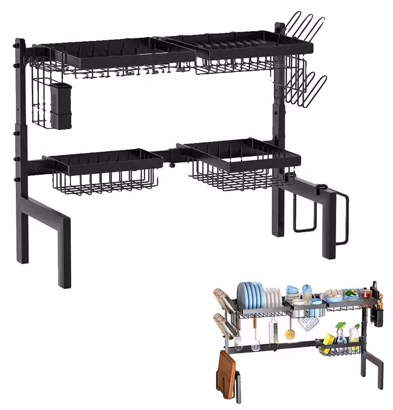 Scaffale per lavelli da cucina, design regolabile, funzione di scarico automatico, colore nero