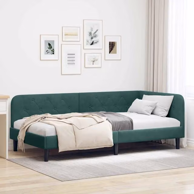 Letto ad angolo vidaXL in velluto verde con struttura in legno, L 100 x P 200 cm