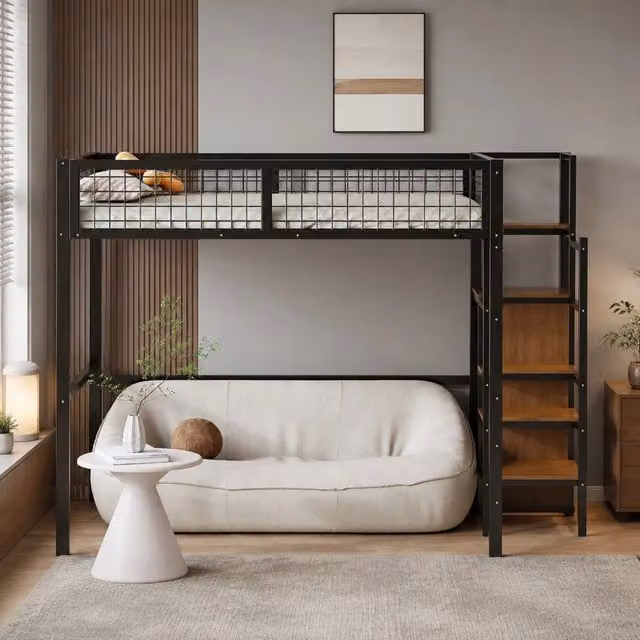 Hochbett 140x200 cm con scala e armadio integrato; struttura in metallo nero