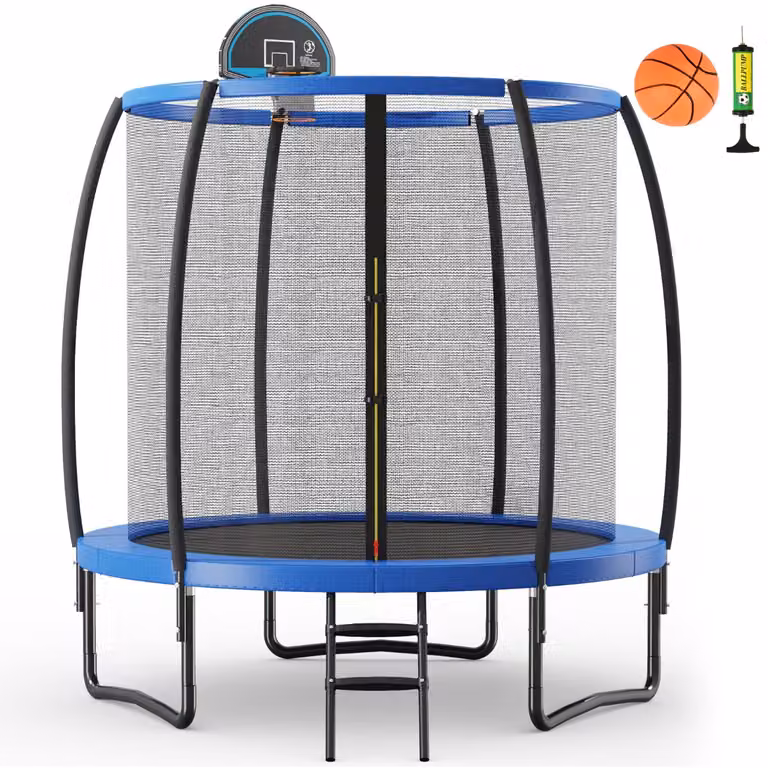 Trampolino elastico Costway con anello da basket, rete di sicurezza e scaletta a 2 gradini, diametro 244 cm, nero e blu
