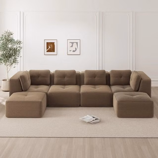 Divano angolare modulare a U con pouf in velluto a coste; marrone
