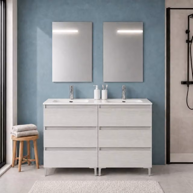 Mobile bagno a terra 120 cm quercia bianca sei cassetti e doppia vasca Leda
