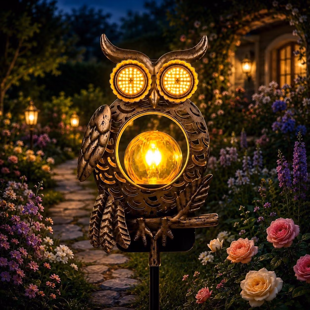 Lampada solare a forma di gufo, luce bianco caldo, grado di protezione IP65, batteria da 600 mAh, autonomia di 8-10 ore, ideale per il giardino