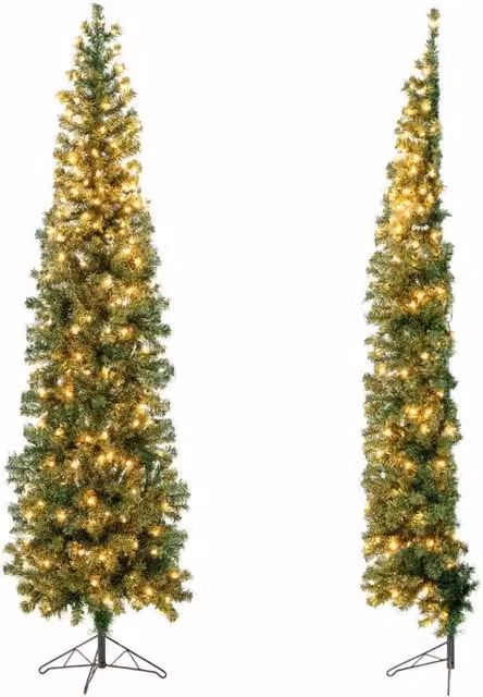 Set di 2 mezzo Albero di Natale con 450 punte di rami, Albero pre-illuminato con 150 luci LED supporto metallico Verde
