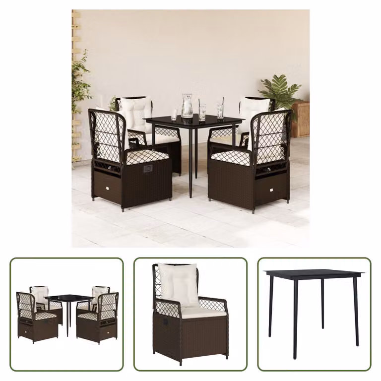 The Living Store Set da pranzo da giardino 5 pezzi con cuscini in polirattan marrone