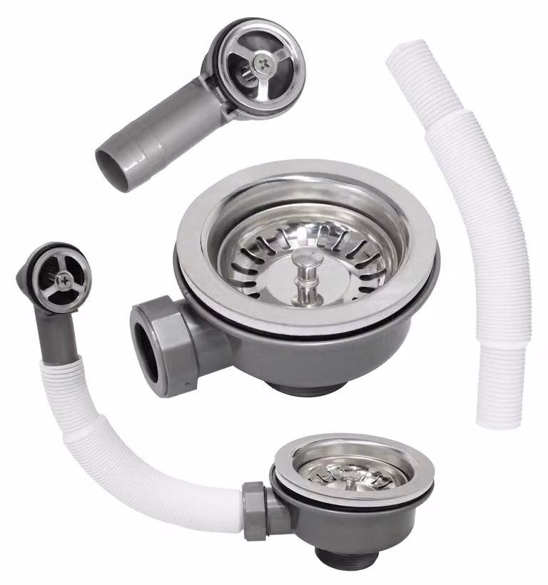 Kit di scarico per lavelli da cucina, diametro 110 mm - Kit di troppo pieno in acciaio inossidabile - Sifone per lavello - Set di griglie per lavello da cucina - Adatto per fori di diametro 83-90 mm - Quantità per confezione: 1 set - Lavello