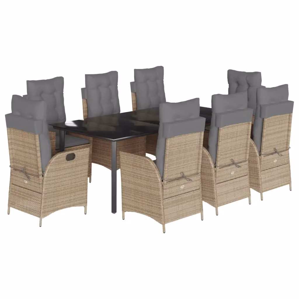 Set da Pranzo da Giardino vidaXL in Polyrattan con Cuscini Beige e Tavolo in Vetro 9 pz – 2