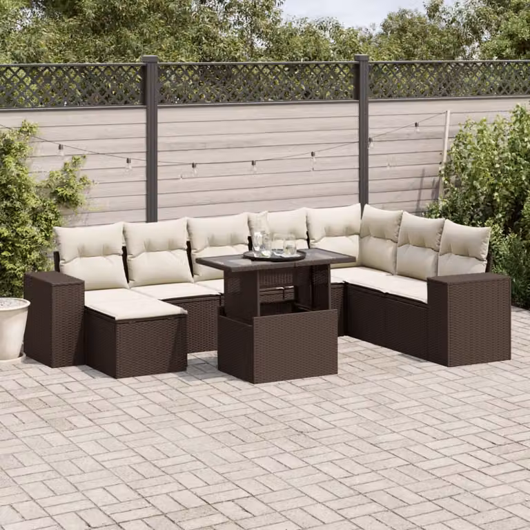Set di divani da giardino vidaXL in polyrattan marrone con cuscini bianchi e tavolino, composizione a L con elementi angolari, poltrone e pouf