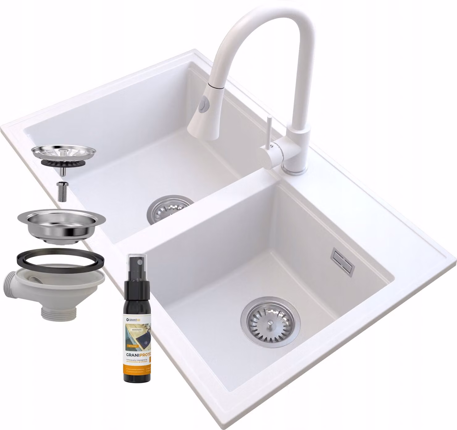 Granitan - Lavello in granito - Lavello da cucina - 2 vasche - 80x50 cm - Bianco - con rubinetteria SNAKE e sifone - HEKTOR
