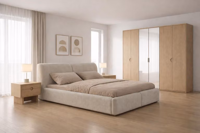 Set da camera da letto: letto, armadio con ante scorrevoli e 2 comodini