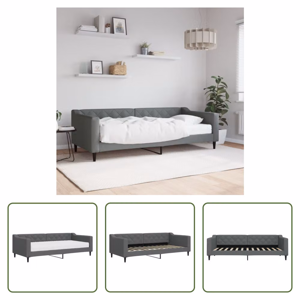The Living Store Letto da giorno con materasso grigio scuro 90x200 cm in tessuto