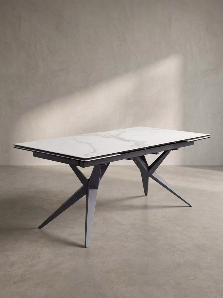 Tavolo da pranzo 180 - 260 cm allungabile in Vetroceramica e vetro bianco, tavolo in Vetroceramica effetto marmo grande, tavolo da cucina di design rettangolare, tavolo da pranzo stravagante con gambe in metallo