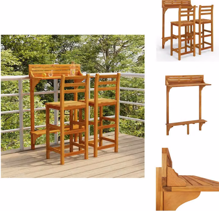 vidaXL Set bar da balcone 3 pezzi in legno massiccio di acacia - Set di mobili da giardino