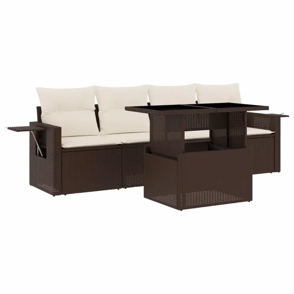 Set Divano da Giardino 5 pz vidaXL in Polyrattan Marrone con Cuscini e Tavolino – 2