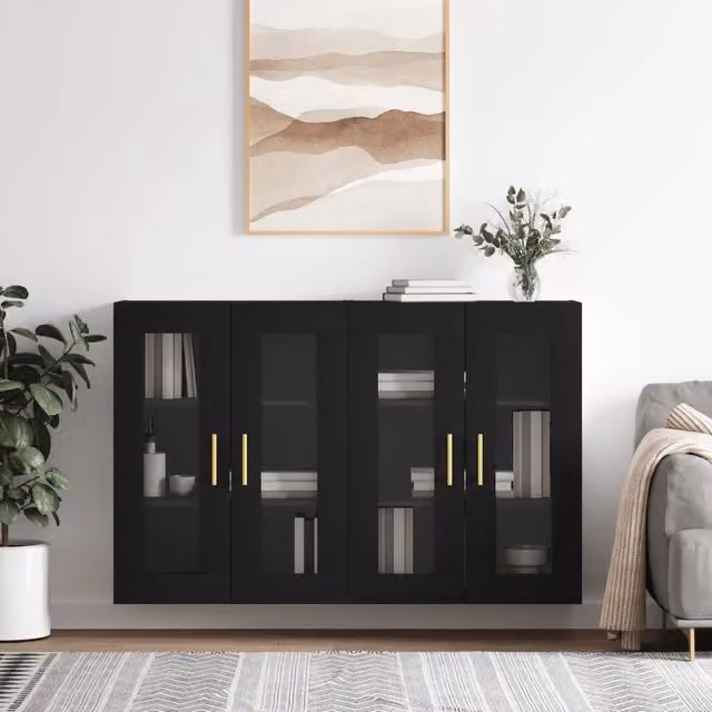 Set di 2 armadietti da parete vidaXL neri con ante in vetro e ripiani interni in legno per bagno o altri ambienti