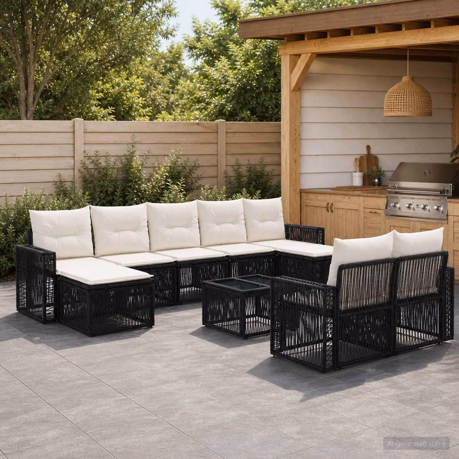 Maison Exclusive - Set da giardino composto da 10 pezzi. Divano da giardino in rattan sintetico, colore nero e crema