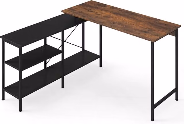Scrivania da gioco angolare reversibile con 2 ripiani portaoggetti in stile industriale, colore marrone e nero, L: 120 cm x P: 120 cm