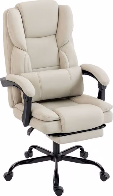 Sedia da ufficio reclinabile HOMCOM in finta pelle beige con poggiapiedi, braccioli e rotelle, L: 65 cm, P: 67 cm, H: 111-119 cm – 1