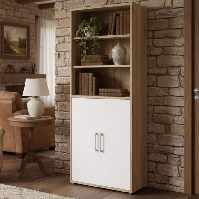 Credenza Valsesia, Buffet da soggiorno, Madia da salotto, Dispensa da cucina, 89x40 h222 cm, Quercia e Bianco