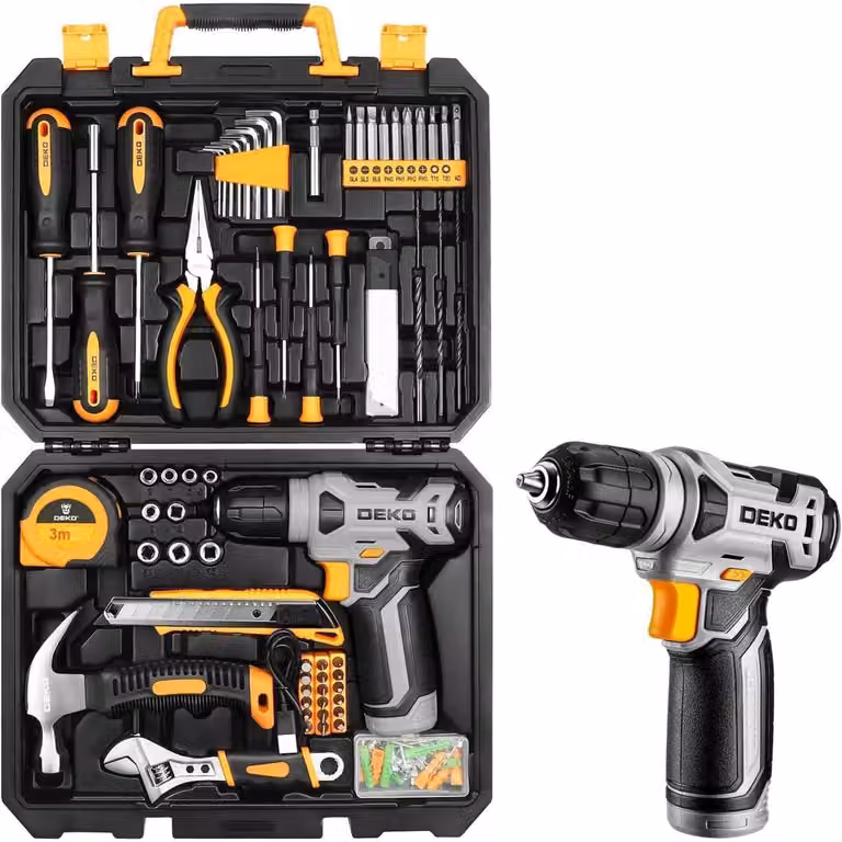 Valigetta utensili completa, 126 pezzi, con avvitatore/trapano a batteria da 8V, colore grigio, con sfumature giallognole