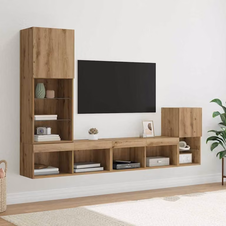 Set di 4 unità per TV da parete vidaXL in legno rovere marrone con illuminazione integrata e scomparti multimediali