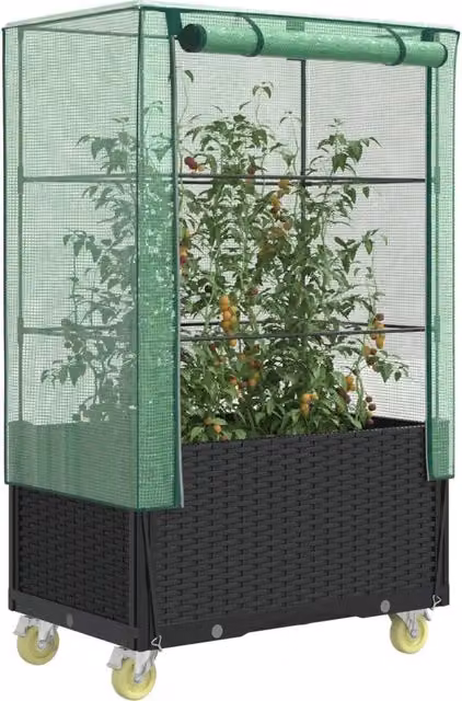 Letto rialzato con copertura e ruote effetto rattan vidaXL per orto e giardino, disponibile in nero o verde, L: 80 cm, P: 50 cm, H: 182 cm