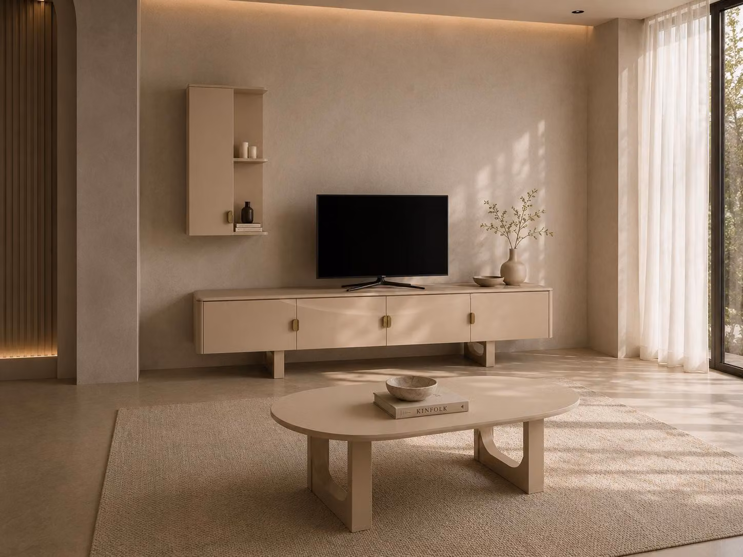 Elegante set per soggiorno, composto da una parete attrezzata per la TV e un tavolino da caffè di design