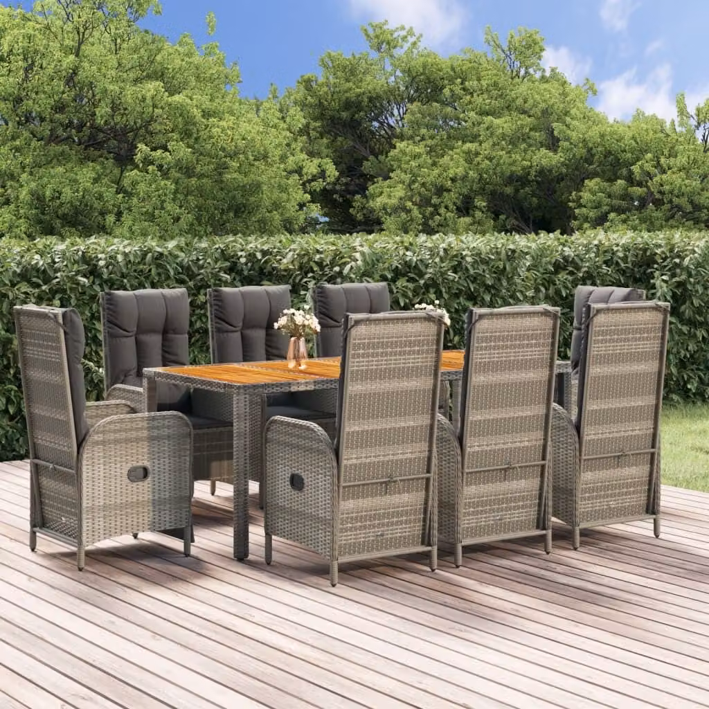 The Living Store Set da pranzo da giardino 9 pezzi con cuscini in poly rattan grigio
