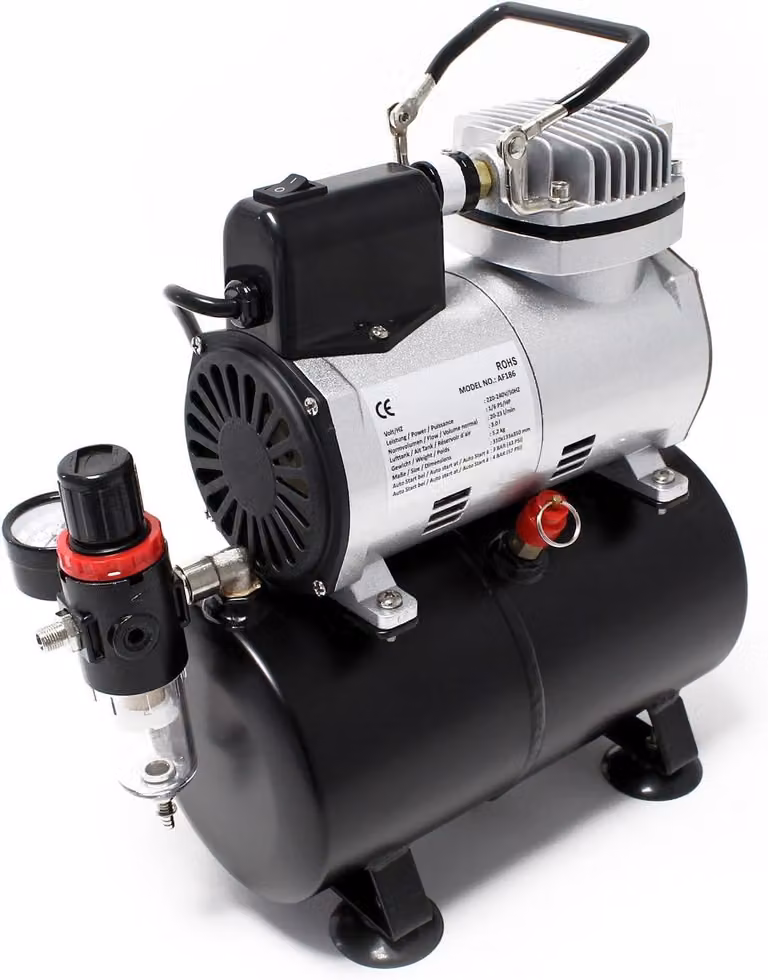 Compressore per aerografo con serbatoio d'aria, regolatore di pressione e sistema di avviamento e arresto automatico, ideale per modellismo