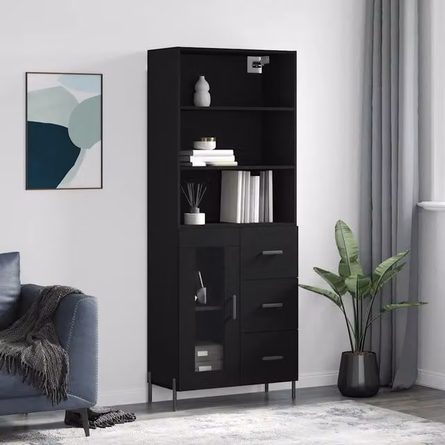 Credenza moderna vidaXL nera in legno e metallo per sala da pranzo L: 69,5 cm, P: 34 cm, H: 180 cm – 1