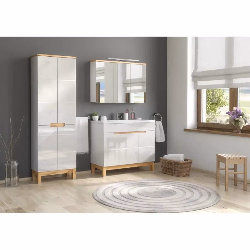 Set da bagno Meublorama ERMANO moderno in MDF bianco lucido con mobile sottolavabo, lavabo da incasso, armadietto specchio con illuminazione LED e colonna, L: 100 cm, H: 187 cm, P: 46 cm – 2
