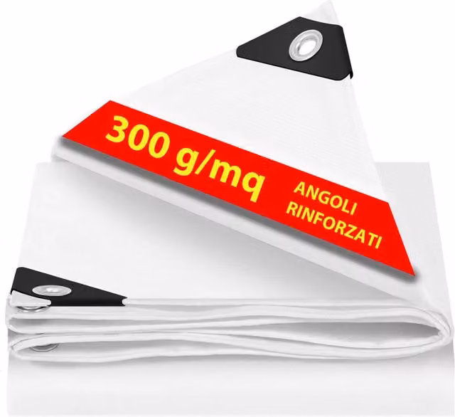 Telo Impermeabile da Esterno Bianco (8mt x 10mt) - 300 g/m² Telone con Occhielli Rinforzati, Resistente ai Raggi UV e agli Strappi, per Barche, Legna, Piscine, Mobili da Giardino, Auto