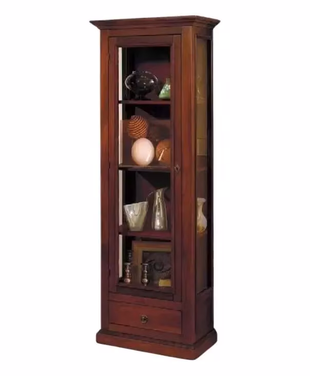Vetrina classica Mobili 2G in legno con anta in vetro e cassetto, colore marrone, L: 60 cm, P: 30 cm, H: 184 cm