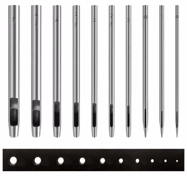 Set di strumenti per fori, composto da 10 punzoni, con diametri da 0,5 a 5 mm, adatti per pelle e tessuto
