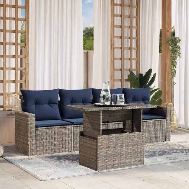 Set da giardino vidaXL in polyrattan composto da 5 pezzi con cuscini grigi e blu e tavolino da esterno – 1