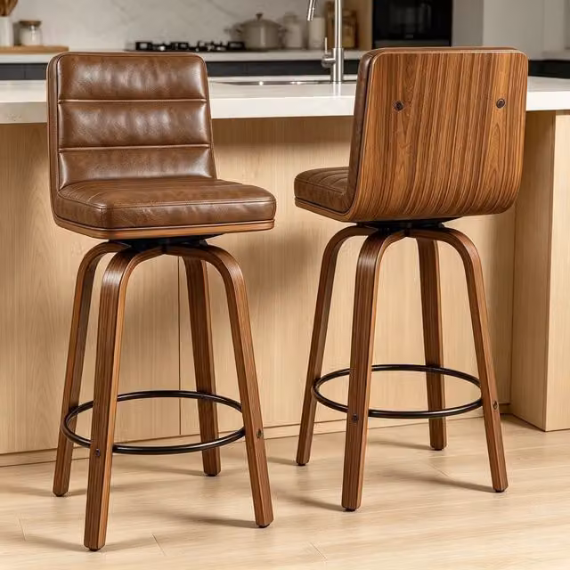 Sgabello da bar girevole OKWISH con schienale ergonomico in ecopelle marrone e struttura in legno di faggio e metallo – 1