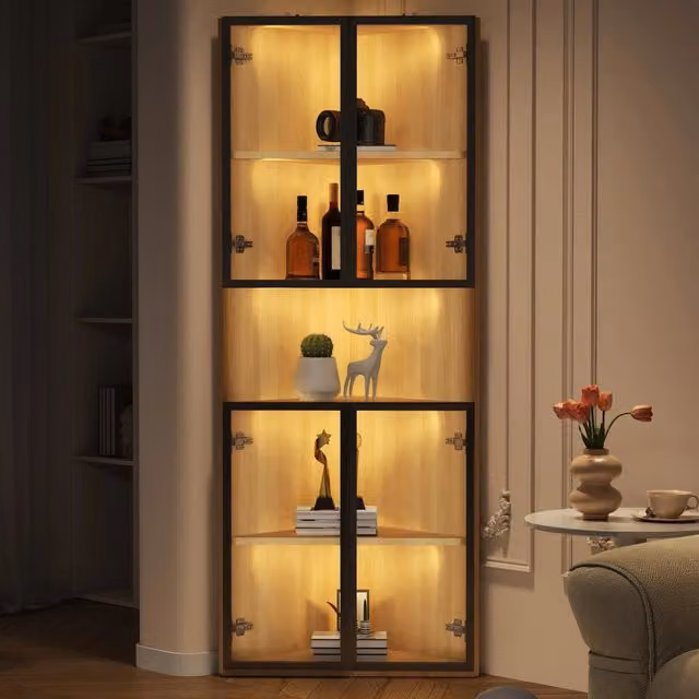 Vetrina angolare con illuminazione LED 62 x 32 x 160 cm; ante in vetro temperato; MDF effetto rovere