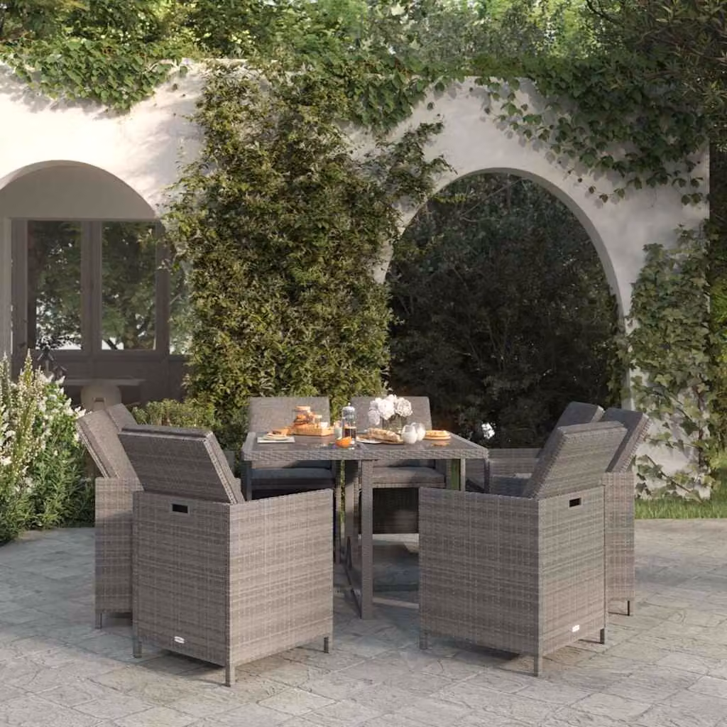 Set da pranzo da giardino vidaXL in polyrattan e vetro grigio con 9 pezzi e cuscini