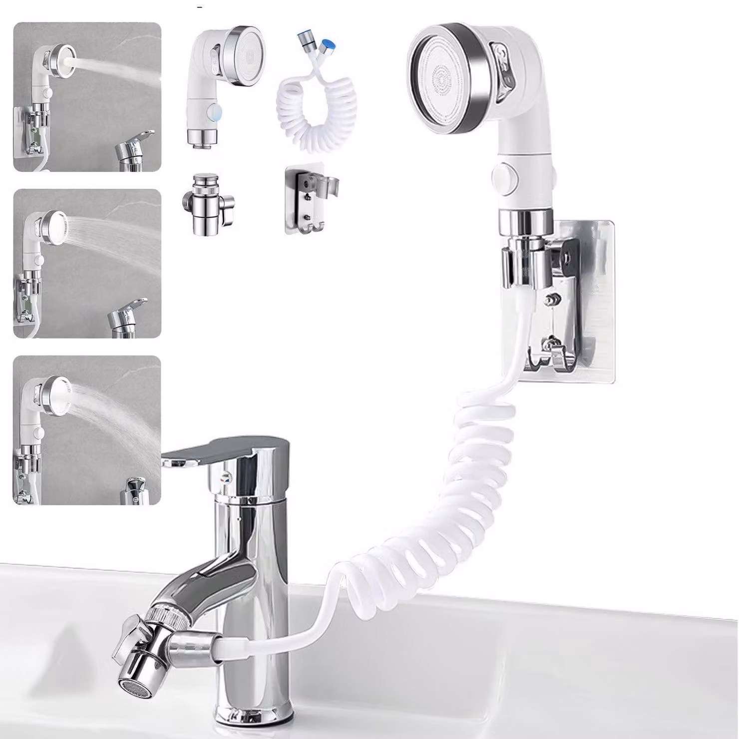 Set per lavabo con doccetta, soffione e tubo flessibile, completo di supporto, colore bianco