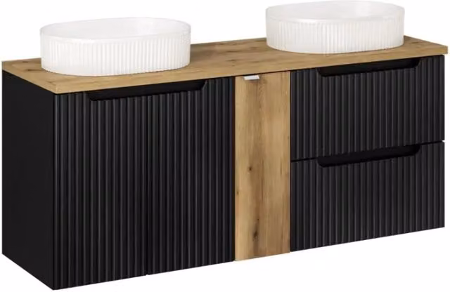 Insieme VANO 140cm: mobili sotto lavabo con nicchie a cassetti e armadietti + due lavabi da appoggio scanalati