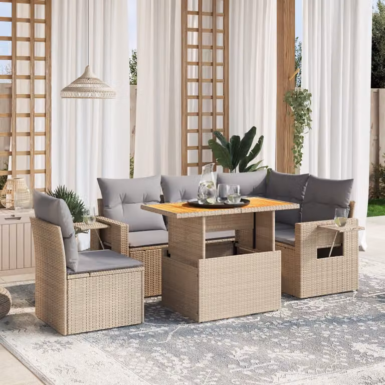 Set Divano da Giardino a L vidaXL 6 pz in Polyrattan con Cuscini Beige e Tavolino da Esterno