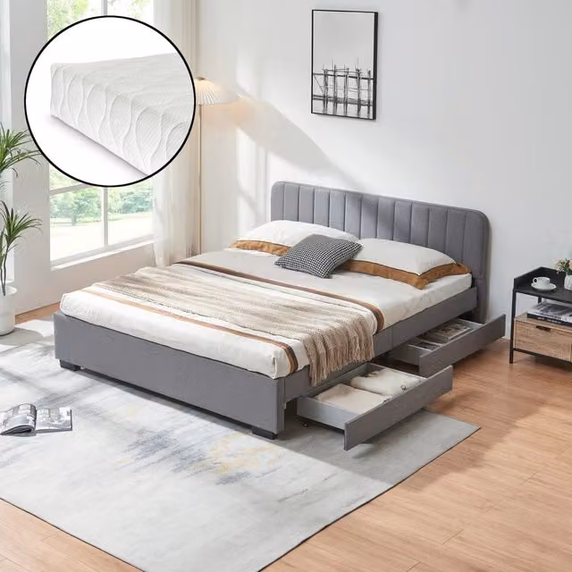 Letto Matrimoniale Nofrenna con Materasso 160x200 cm 4 Cassetti e Testiera - Grigio [en.casa]