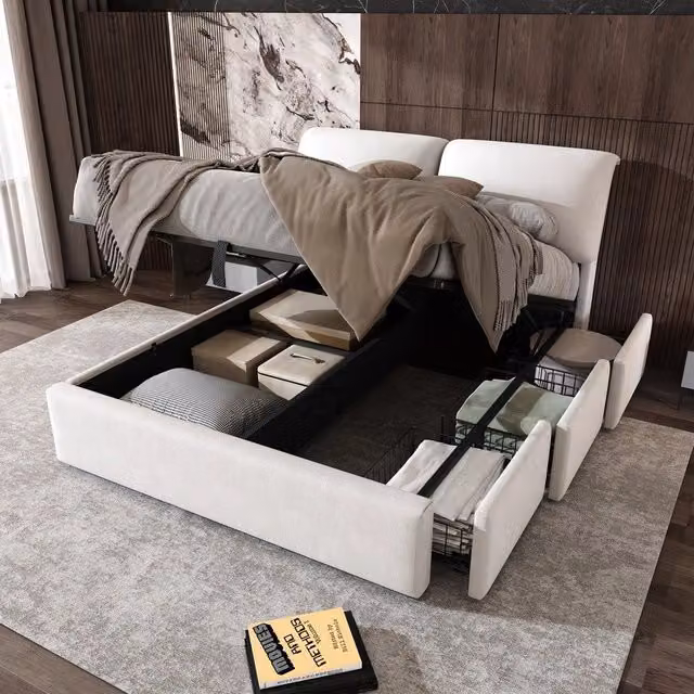 Letto Contenitore Imbottito con Testiera e Cassetti ¨C MINIMAL ¨C Velluto Beige 140x200
