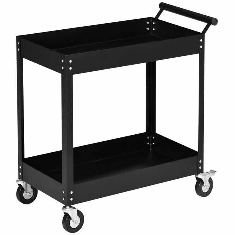 Carrello da officina DURHAND a 2 ripiani, carrello portautensili vuoto, carrello di trasporto, maniglia laterale, 4 ruote, acciaio, portata fino a 150 kg, 84,5 x 38 x 84 cm, nero