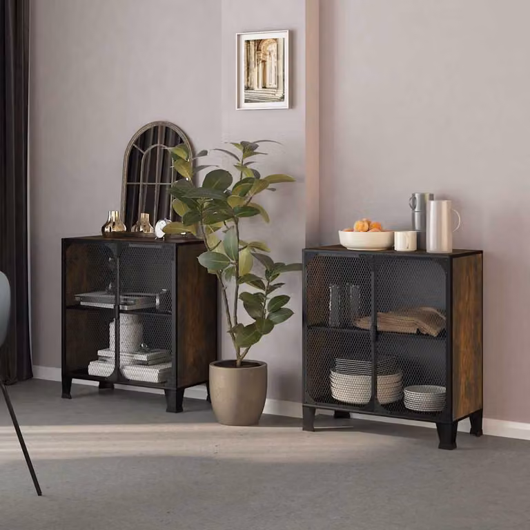 Set di 2 armadietti a muro vidaXL in stile industriale, colore marrone, realizzati in metallo e MDF con ante a battente e ripiani interni, L: 72 cm, P: 36 cm, H: 82 cm