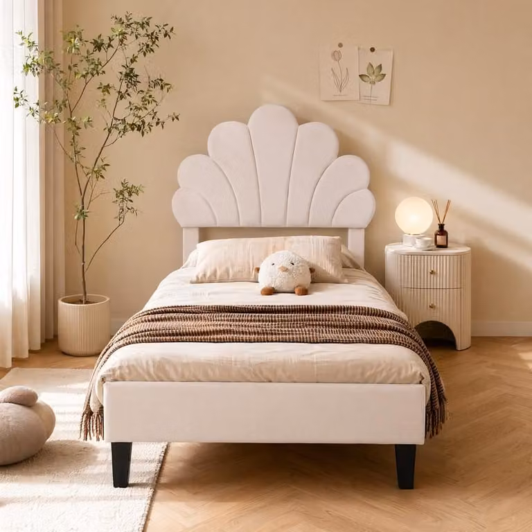 Letto imbottito ProximaX, 90x200 cm, beige, in velluto, con testiera decorata con motivi floreali e rete a doghe