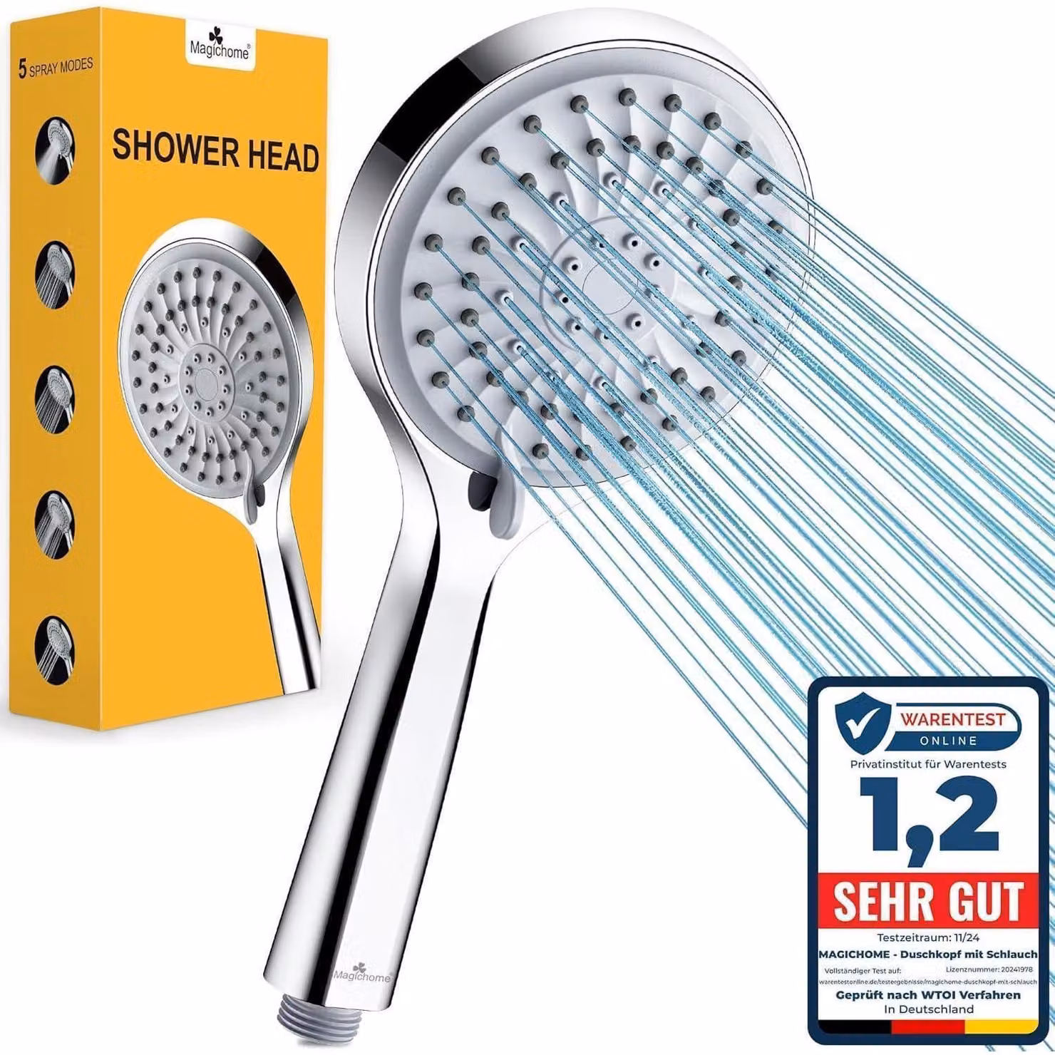 Doccia a risparmio idrico, 5 getti, alta pressione, soffione manuale, materiale ABS, finitura cromata, attacco G1/2
