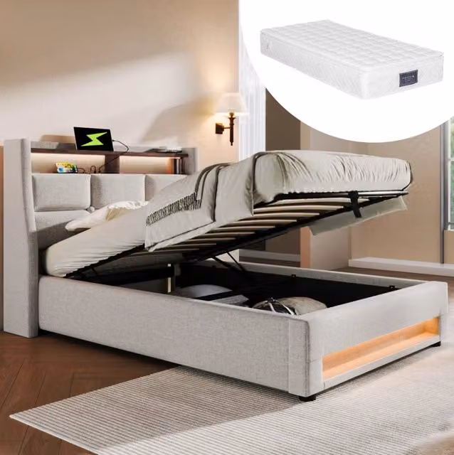 Letto 90x200 cm beige – LED, USB e contenitore, senza materasso