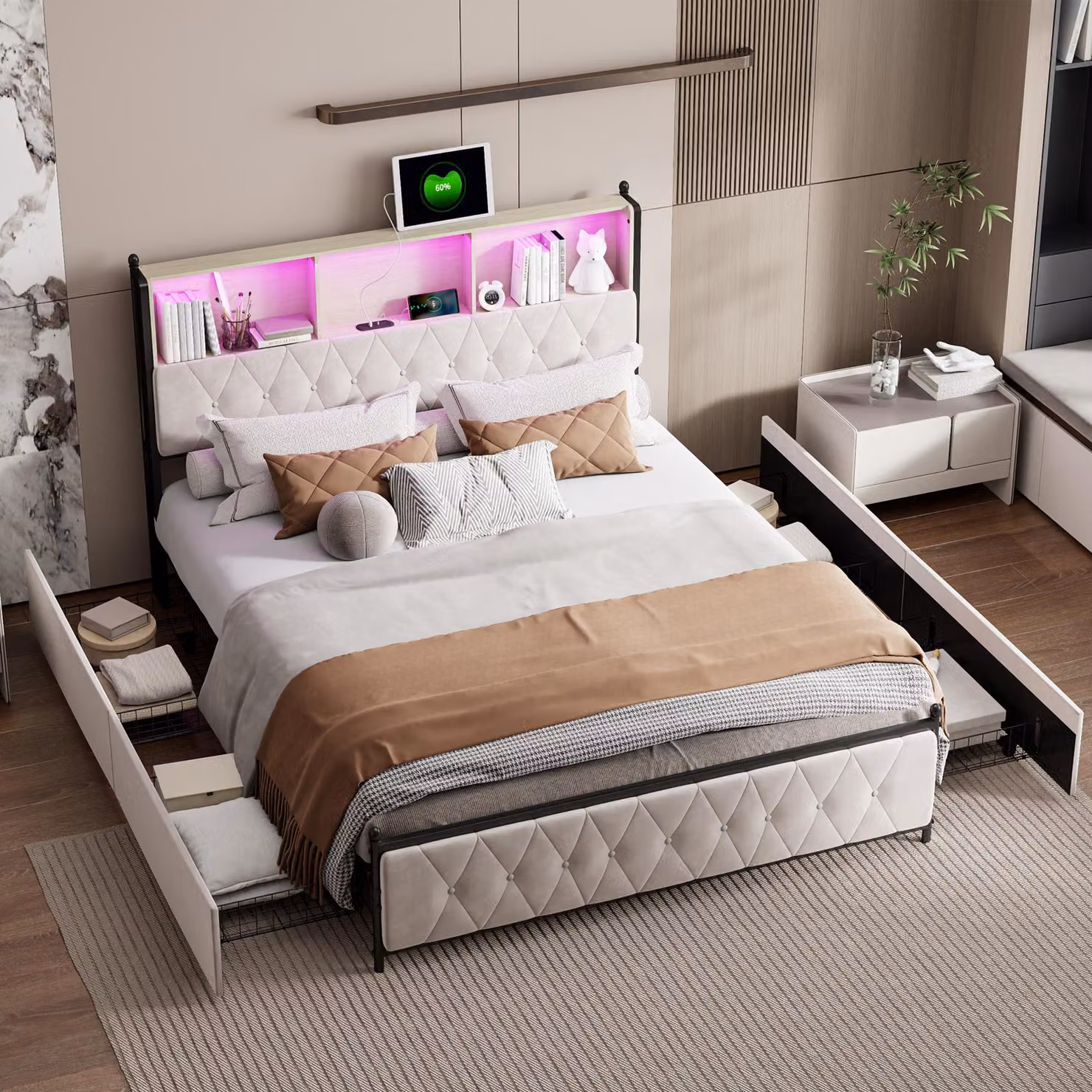 Letto Moonbite con contenitore, dimensioni 180x200 cm – Testiera imbottita con ripiani, illuminazione LED e prese USB, 4 cassetti, rivestito in velluto, colore beige