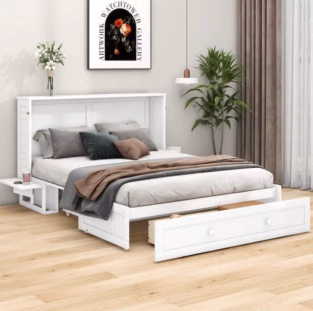 Letto a scomparsa 140x200 cm con cassetto e ripiani in pino e MDF bianco